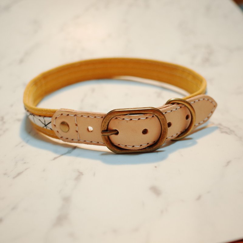 Dog XL 2.5 cm wide collar vigor yellow canvas with Japanese plaid cotton cloth can be purchased with tag - ปลอกคอ - ผ้าฝ้าย/ผ้าลินิน 