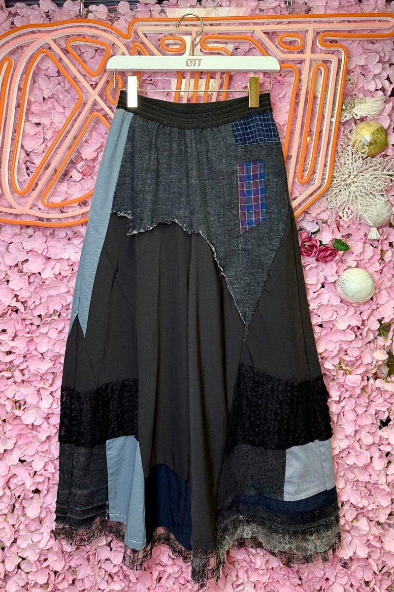 OTT獨一無二•日系重工拼接平息撞色牛仔格仔蕾絲闊褲 - 女長褲 - 棉．麻 灰色