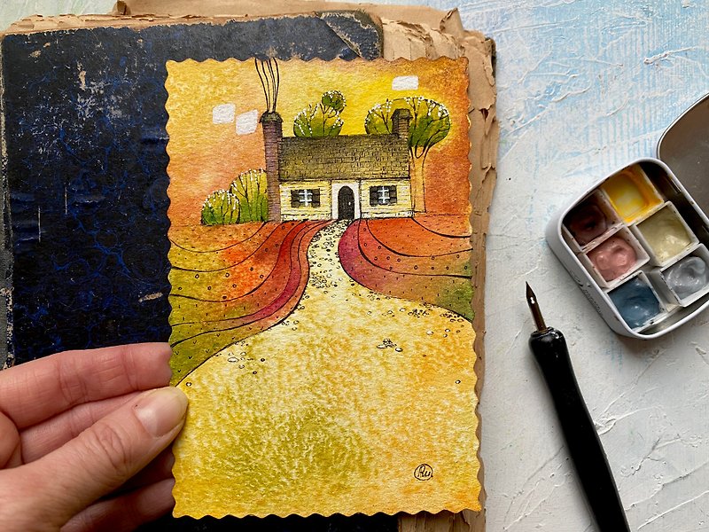 House painting Landscape Original art Small watercolor Mini artwork Postcard - Posters - Paper Orange