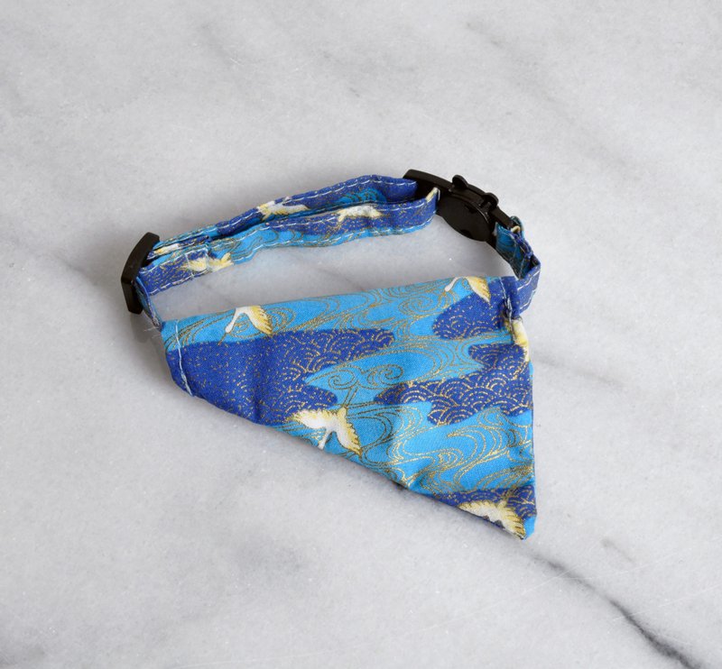 Cat Collar and Scarf Japanese Style Blue Crane Cat Safety Collar - Collars & Leashes - Cotton & Hemp Blue