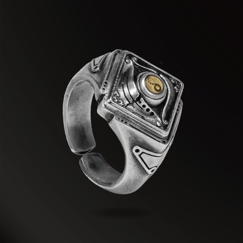 宙斯之眼925銀男士戒指 指尖陀螺啪啪幣 旋轉戒指機械結構賽博朋 - 戒指 - 銀 銀色