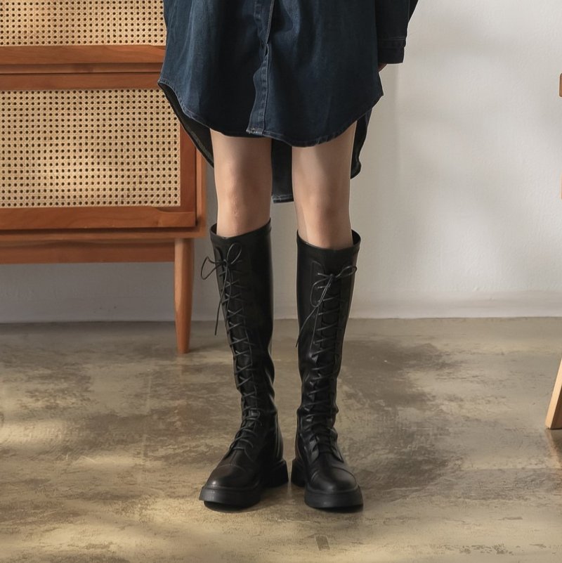 【I called Love】My Venus | Heightened knight's under-knee boots with straps - Women's Boots - Faux Leather Black