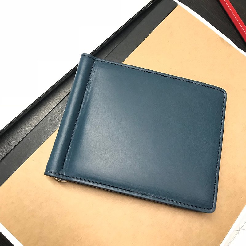 Money clip leather wallet /Navy blue - 長短皮夾/錢包 - 真皮 藍色