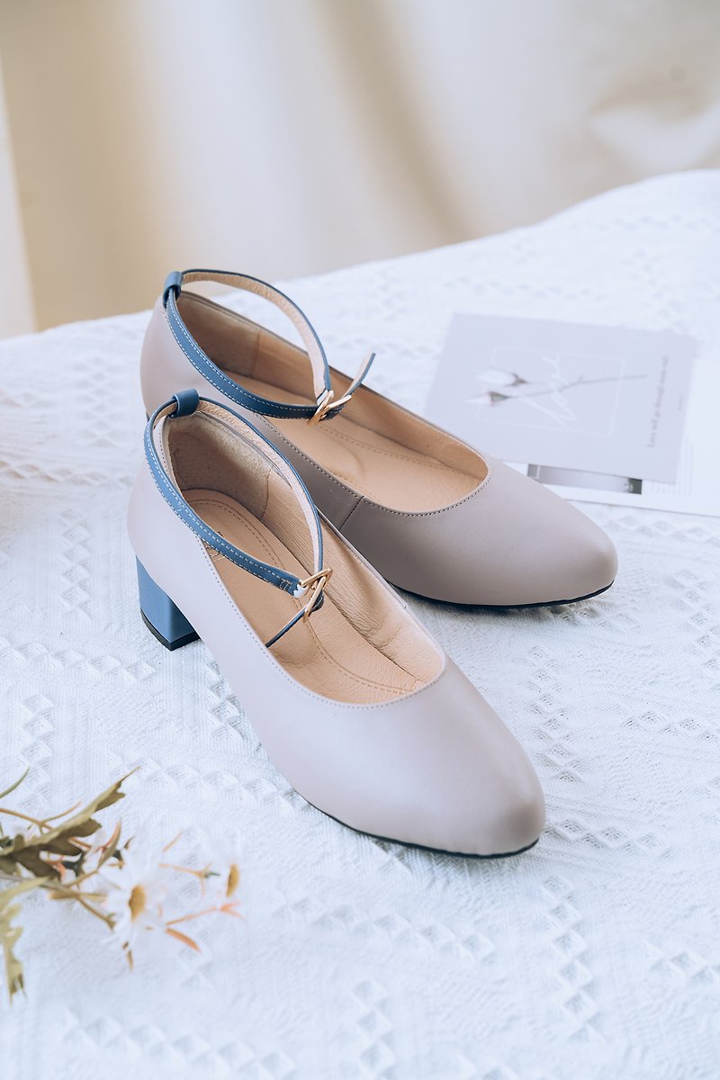 The main star of the new product [Eiffel] Two-wear contrasting color lace-up Mary Jane shoes_fog gray | handmade - รองเท้าส้นสูง - หนังแท้ 