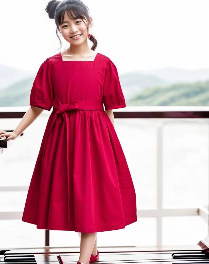 Girls red retro palace style square neck puff sleeve handmade dress - กระโปรง - ผ้าฝ้าย/ผ้าลินิน สีแดง