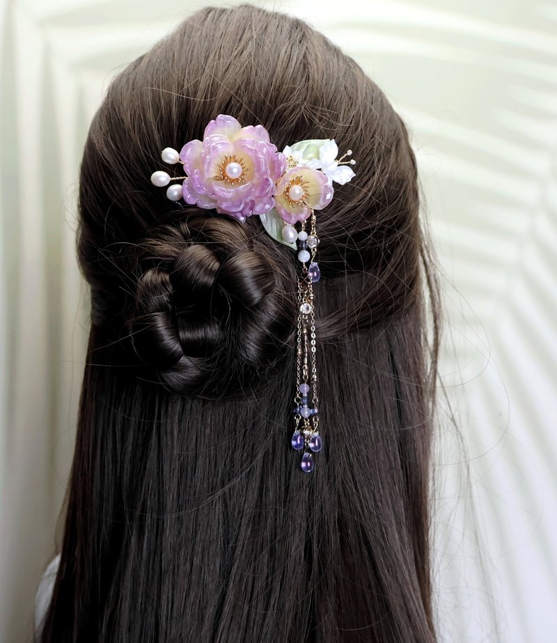 Lemon handmade hair accessories, gradient purple hibiscus hairpin/hairpin (large - เครื่องประดับผม - กระจกลาย สีม่วง