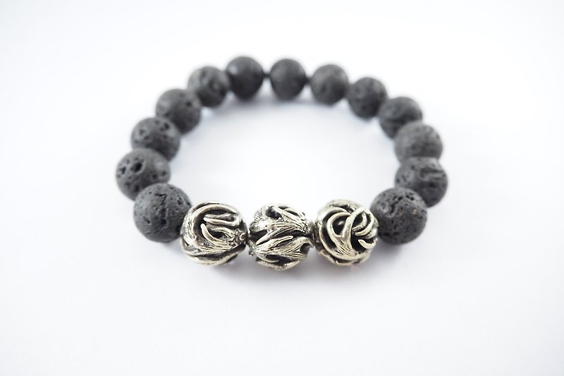 3 Horn bead 12mm.Lava stone bracelet in white bronze,men jewelry  - สร้อยข้อมือ - โลหะ สีเงิน