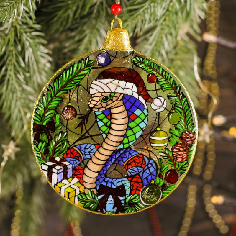 Snake Glass Ornament - Zodiac Christmas Ball - Hand Painted Suncatcher Fused Art - 擺飾/家飾品 - 玻璃 藍色
