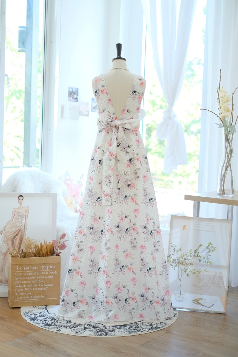 White jacquard floral bridesmaid dress Backless party maxi cocktail dress - 洋裝/連身裙 - 聚酯纖維 白色