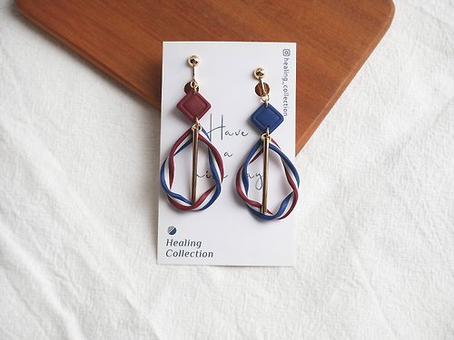 療癒收藏室Healing Collection 療癒收藏室 | 優雅的慶典 法式優雅紅白藍緞帶手工軟陶耳環