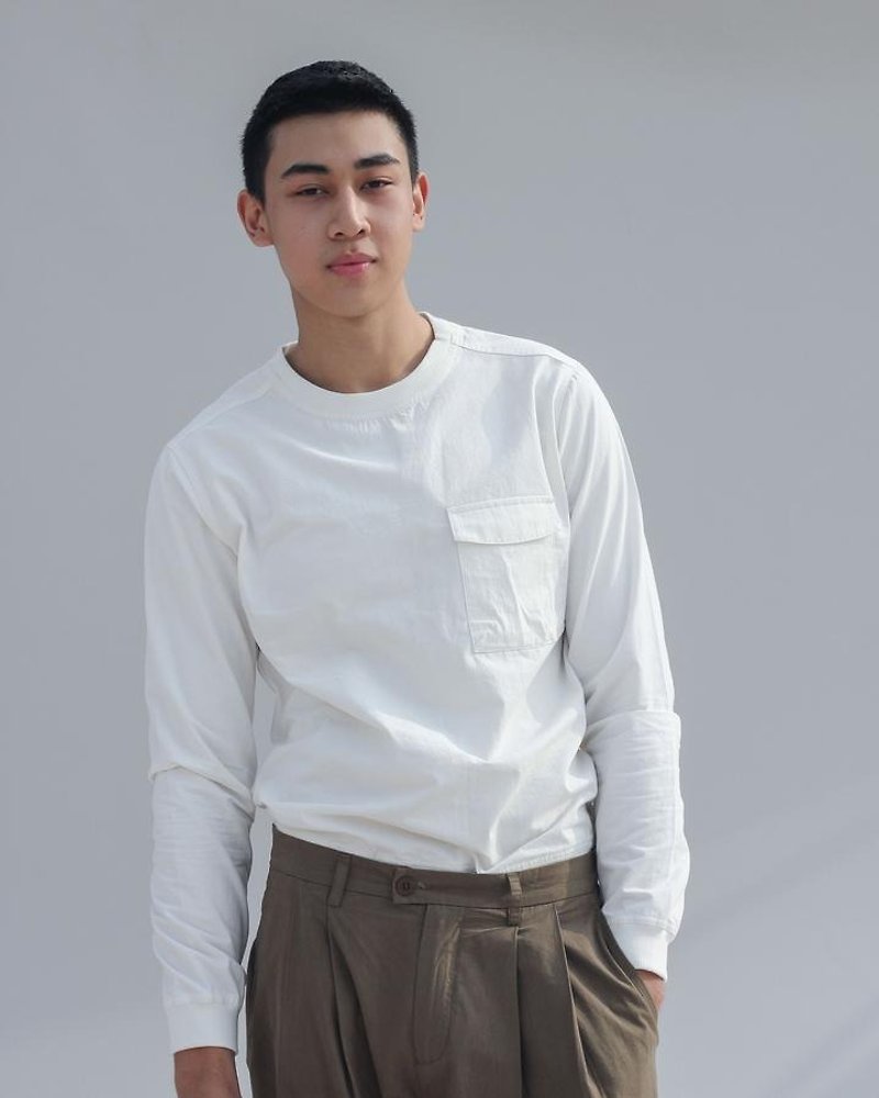 口袋衛衣 - 男 T 恤 - 棉．麻 白色