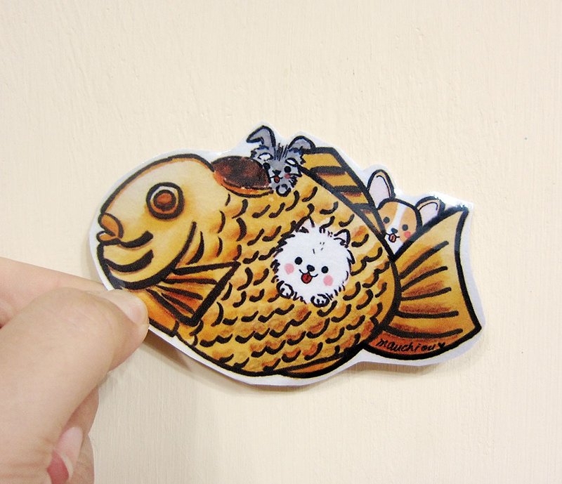 手繪插畫風格 完全 防水貼紙 鯛魚燒 博美 雪納瑞 柯基 - 貼紙 - 防水材質 咖啡色