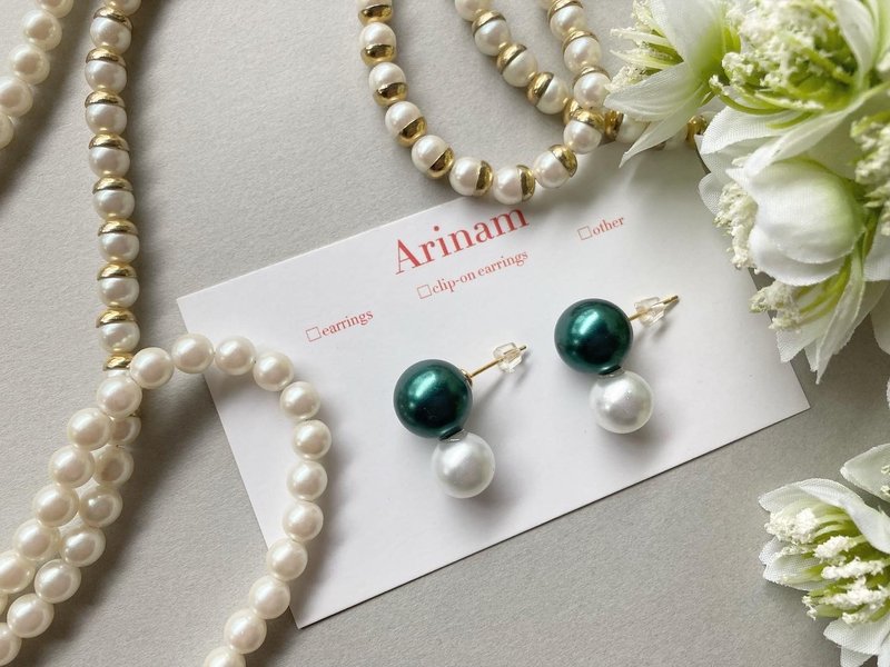 【パールピアス/グリーン/セレモニー/母の日】green pearl × pearl ( ピアス ) - 手鍊/手環 - 珍珠 綠色