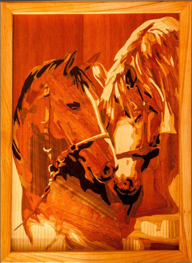 Horse wood mosaic picture veneer inlay marquetry wall art framed panel home - 壁貼/牆壁裝飾 - 木頭 橘色
