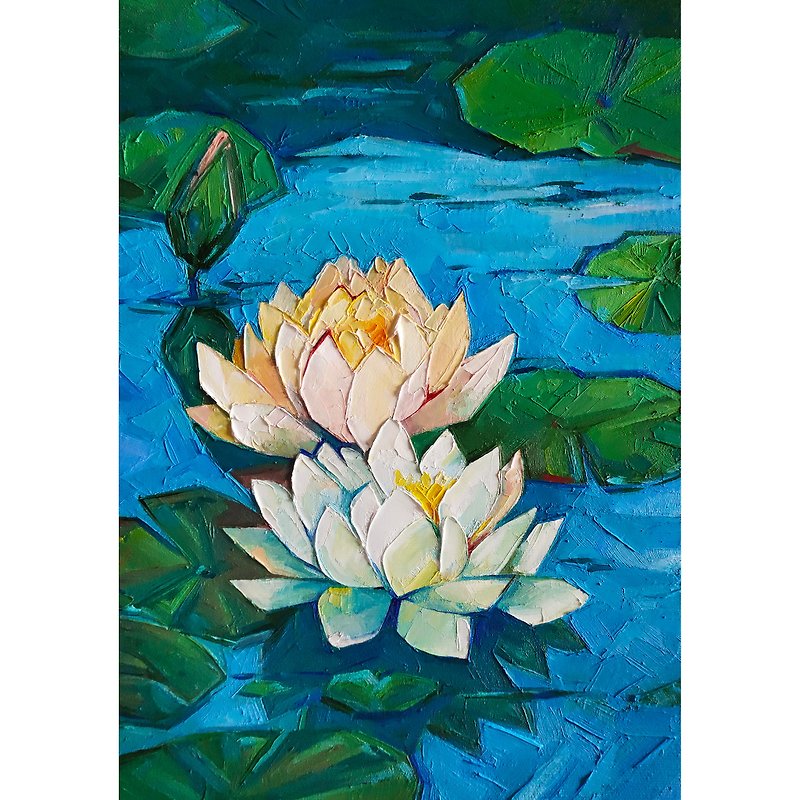 Water lily painting lotus art original painting oil painting flower hand painted - Posters - Other Materials Blue
