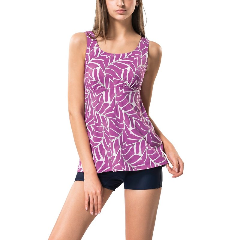 Purple pattern jumpsuit swimsuit (with padded and swimming cap) - ชุดว่ายน้ำผู้หญิง - ไนลอน สีม่วง
