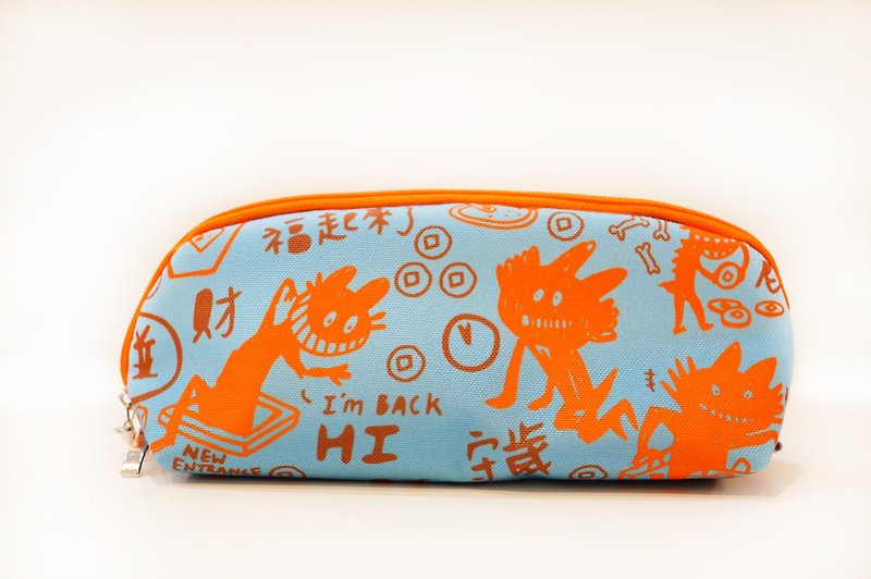 Cosmetic bag, pencil case, pencil case, school supplies, stationery, travel storage-Youchun printing (lake blue orange) - Pencil Cases - Polyester Blue