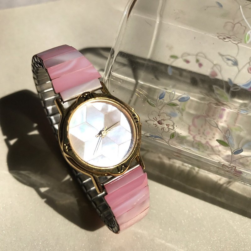 [失われたと見つける]アンティーク天然石マジックダイヤモンドマザーオブパール時計 - 腕時計 - 宝石 ピンク