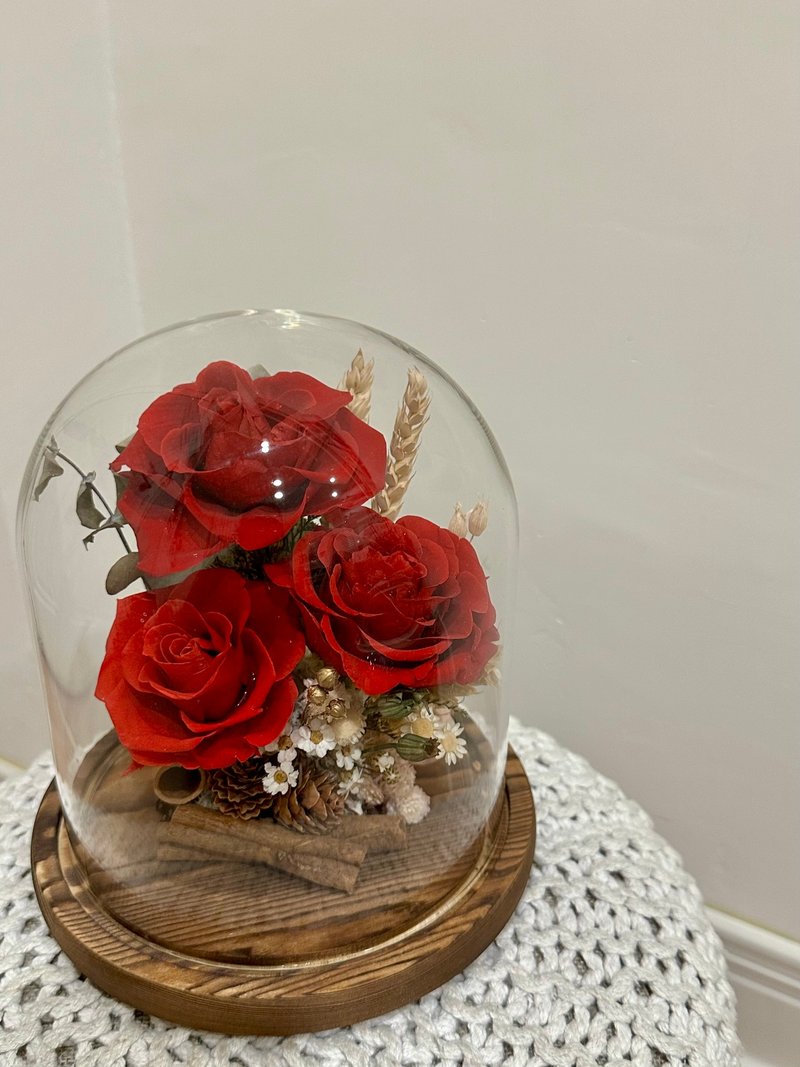 Classic Retro Red Rose Glass Shade Preserved Flower Cup Valentine's Day Gift Mother's Day Gift - ช่อดอกไม้แห้ง - พืช/ดอกไม้ 