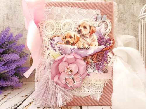junkjournals Lilac Lavander dog junk journal handmade Lace flowers puppy notebook
