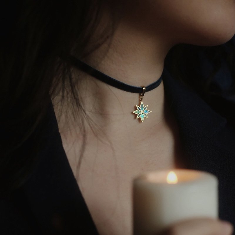 One necklace, four ways to wear it: abalone shell eight-pointed star blue velvet stacked gold-plated short choker necklace - สร้อยคอ - สแตนเลส สีทอง