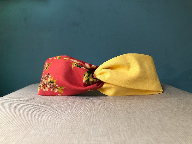 Shuangpin headband / Hakka bedding-yellow / Hakka floral cloth / limited edition - ที่คาดผม - ผ้าฝ้าย/ผ้าลินิน สีเหลือง