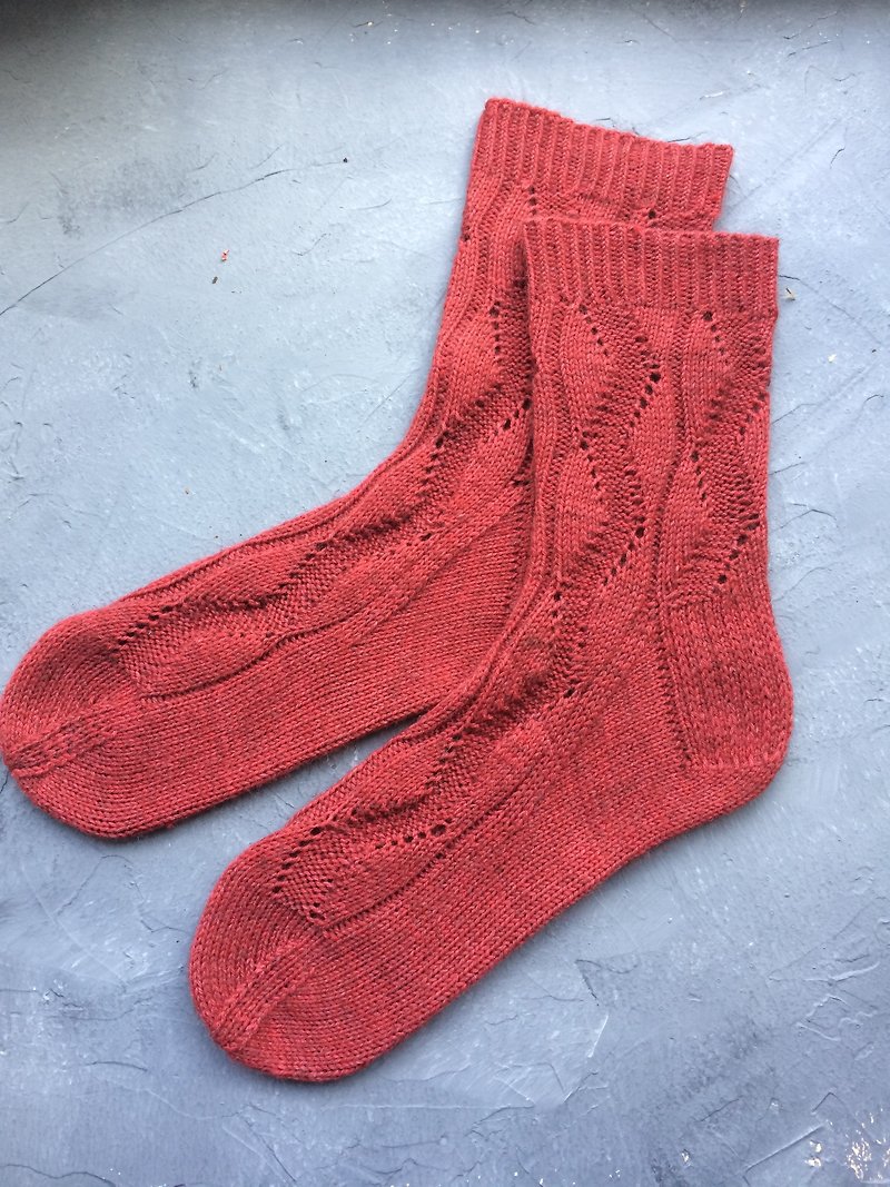 Wool Socks Red - Handmade merino wool lace red socks women
