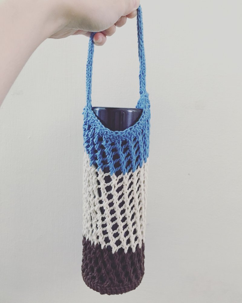 Sponge woven mesh bottle bag / beverage bag (sky blue*white*coffee) - ถุงใส่กระติกนำ้ - ผ้าฝ้าย/ผ้าลินิน 