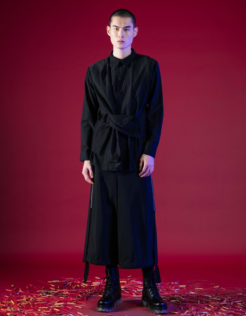 解構馬甲扭結襯衫 - 男襯衫/休閒襯衫 - 棉．麻 黑色