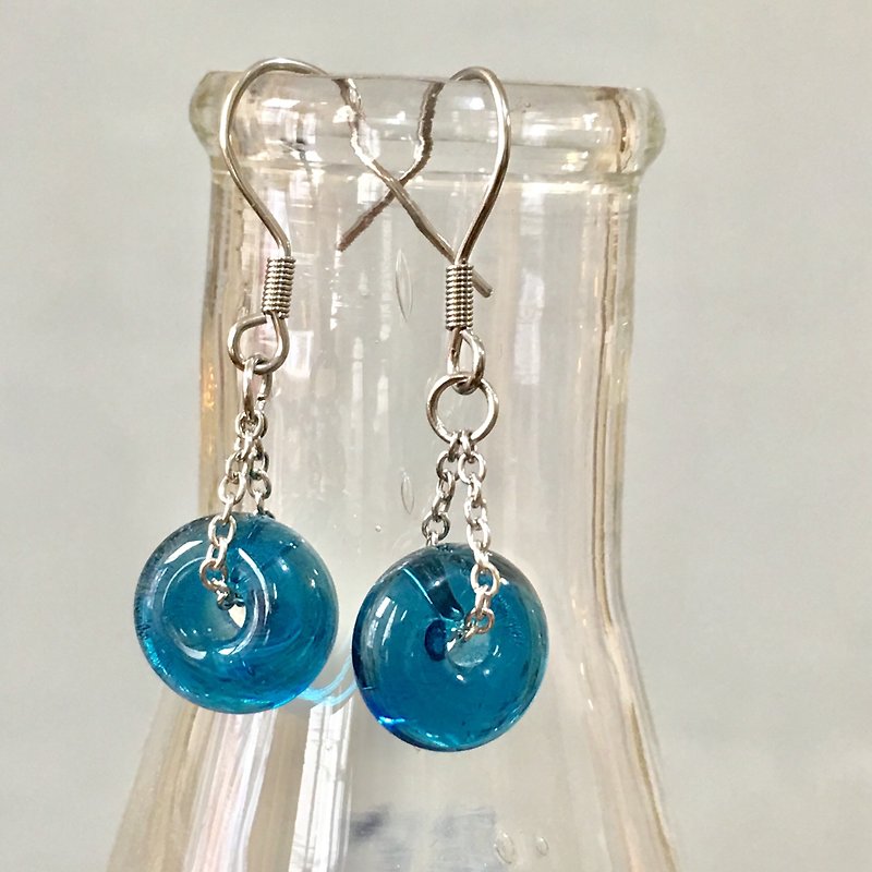 純色系列-海水藍綠透明琉璃珠耳環 - 耳環/耳夾 - 玻璃 藍色