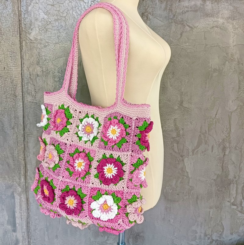 Granny Square tote flowers bag - 手提包/手提袋 - 棉．麻 