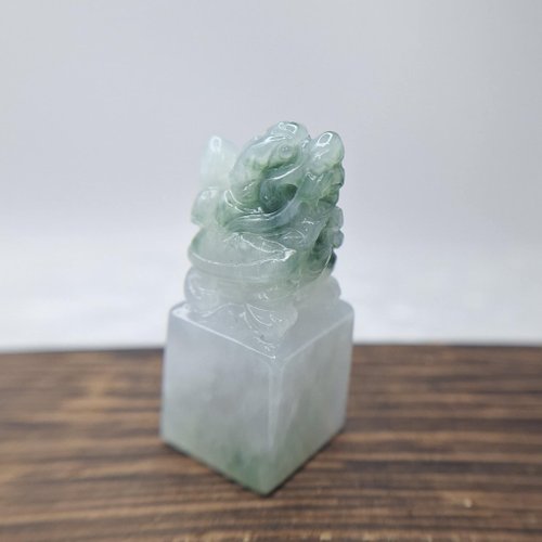 緣圓翡翠 冰飄花龍龜印章 吊墜 | 天然緬甸玉A貨翡翠