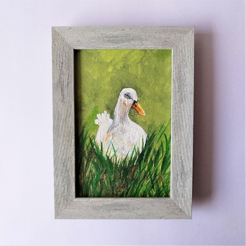 Bird wall art framed White duck bird mini painting impasto small wall decoration - Wall Décor - Acrylic Multicolor