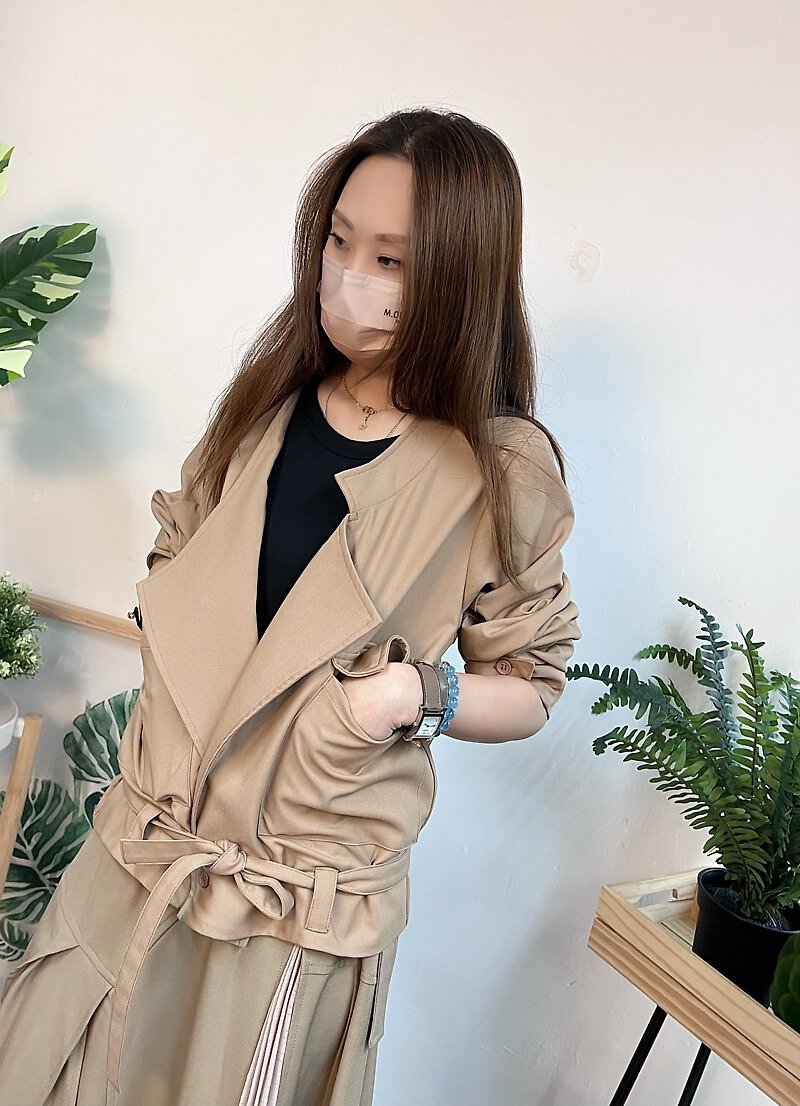 Two Front Pocket Cardigan with Belt 22.170 - Apricot - Women's Casual & Functional Jackets - Cotton & Hemp Khaki