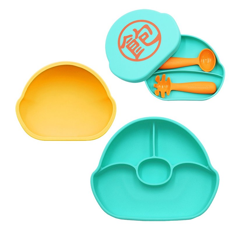 分格不翻盤(藍綠)+吸盤碗(黃)+矽膠盒(藍綠-飽)+學習餐具組(橘) - 兒童餐具/餐盤 - 矽膠 多色