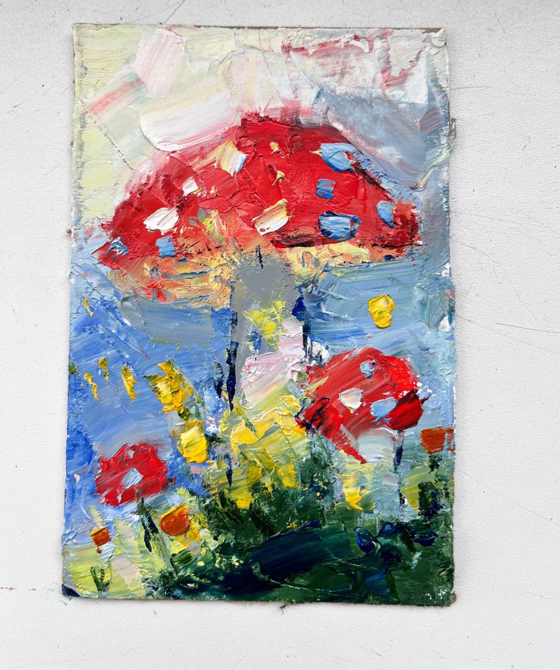 Fly agaric Painting Original Art Mushrooms Small Impasto Oil Painting - 海報/掛畫/掛布 - 其他材質 紅色