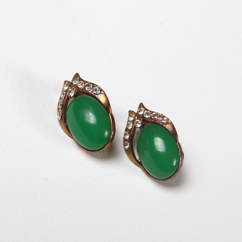 [Egg Plant Vintage] Emerald Retro Clip Antique Earrings - Earrings & Clip-ons - Copper & Brass Green