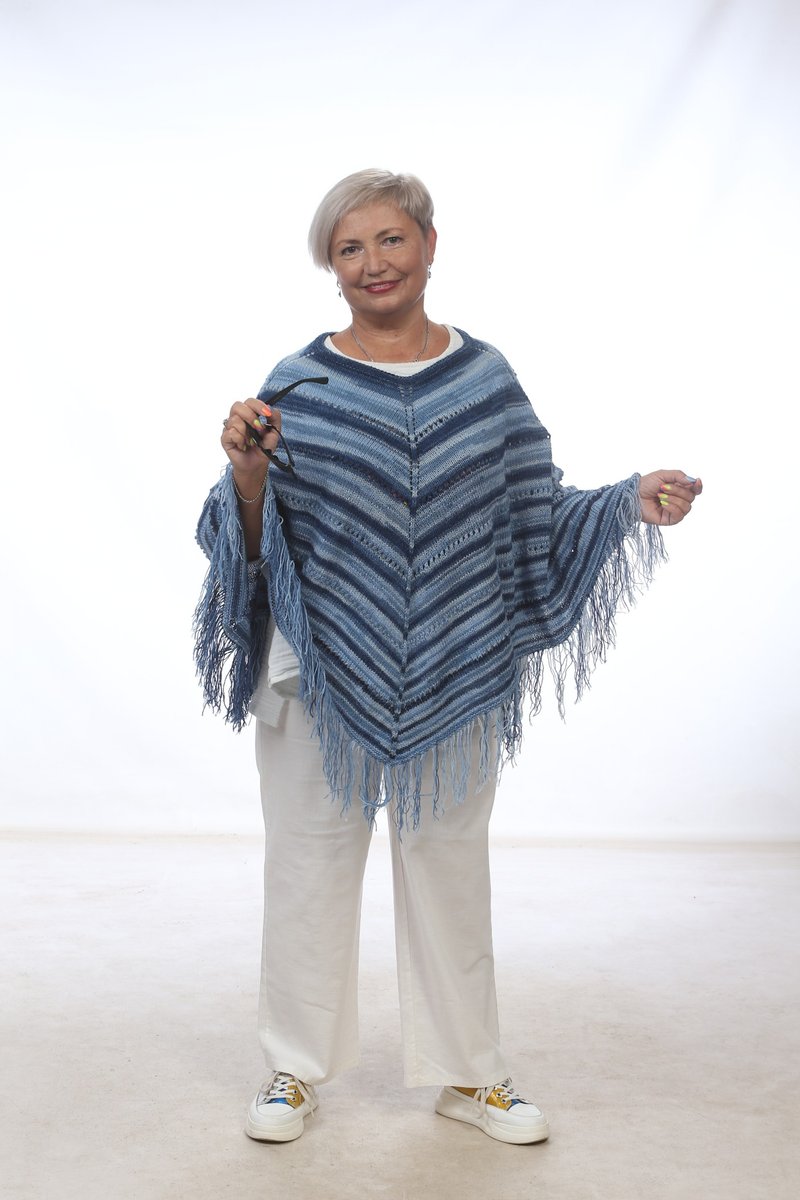 Hand knitted poncho cape blue striped angora - ผ้าพันคอถัก - ขนแกะ หลากหลายสี