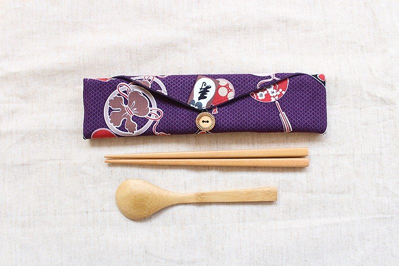 日式元素鈕扣環保筷袋/收納袋 - 筷子/筷架 - 棉．麻 紫色