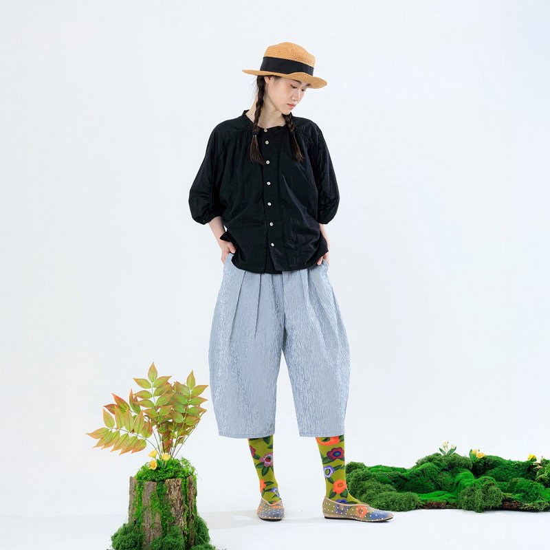 空闊打褶七分條紋氣球褲 - 女長褲 - 棉．麻 藍色
