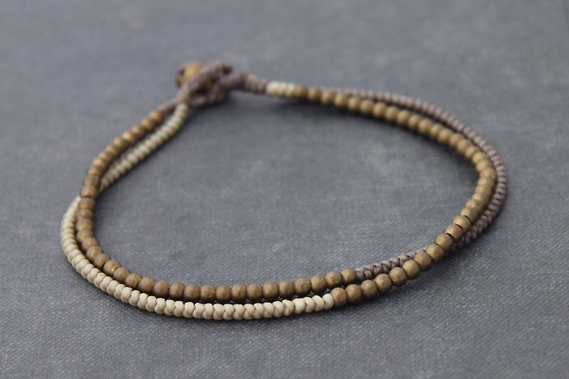 Beaded Hand Woven Anklets Raw Brass Ivory Taupe Beads Ankles Bracelets - Anklets & Ankle Bracelets - Copper & Brass Khaki