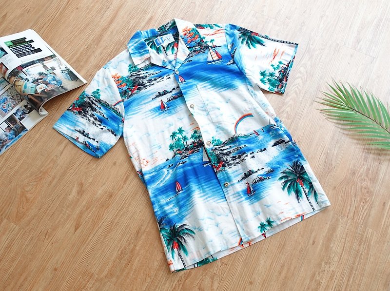 Vintage Shirt / Sail on the Hawaiian Sea - เสื้อเชิ้ตผู้หญิง - ผ้าฝ้าย/ผ้าลินิน สีน้ำเงิน