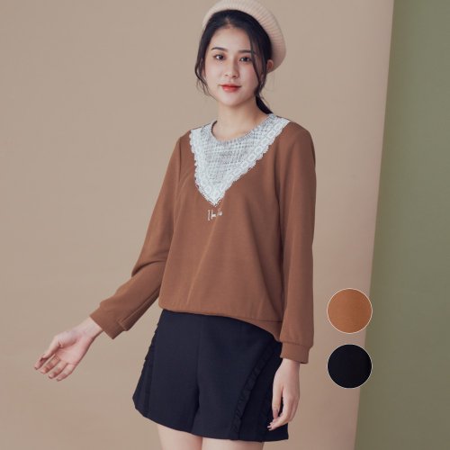 MEDUSA LADY 【MEDUSA】三角蕾絲裝飾大學T - 2色 (M-XL) | 上衣 長袖T恤