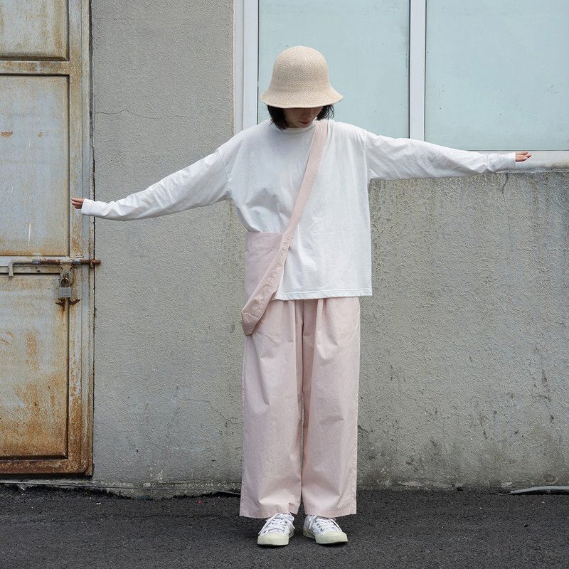 Sakura pink washed cotton elastic waist loose casual straight trousers summer - กางเกงขายาว - ผ้าฝ้าย/ผ้าลินิน สึชมพู