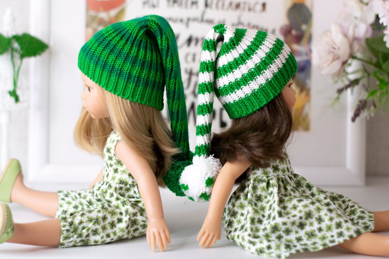 Green striped hat for doll Paola Reina,cap with pompom, 针织帽, St. Patrick's Day - 寶寶/兒童玩具/玩偶 - 羊毛 綠色
