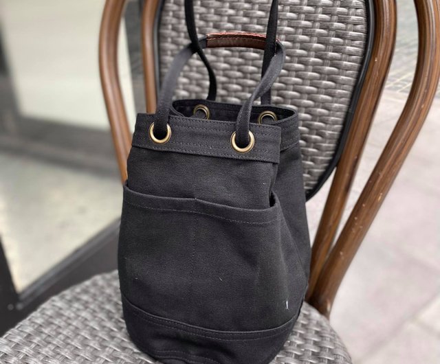 Mini Black Canvas Bucket Bag with strap Leather Handles Daily