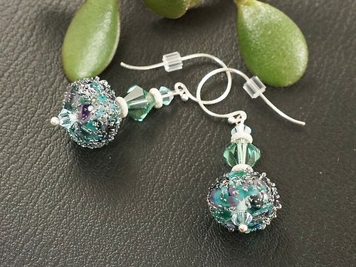 AGATIX Teal Mint Green Lampwork Glass Sterling Silver Dangle Drop Earrings Jewelry Gift