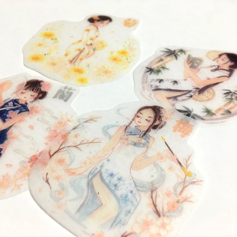 / Washi Stickers/ Cheongsam / 4pcs / - สติกเกอร์ - กระดาษ ขาว
