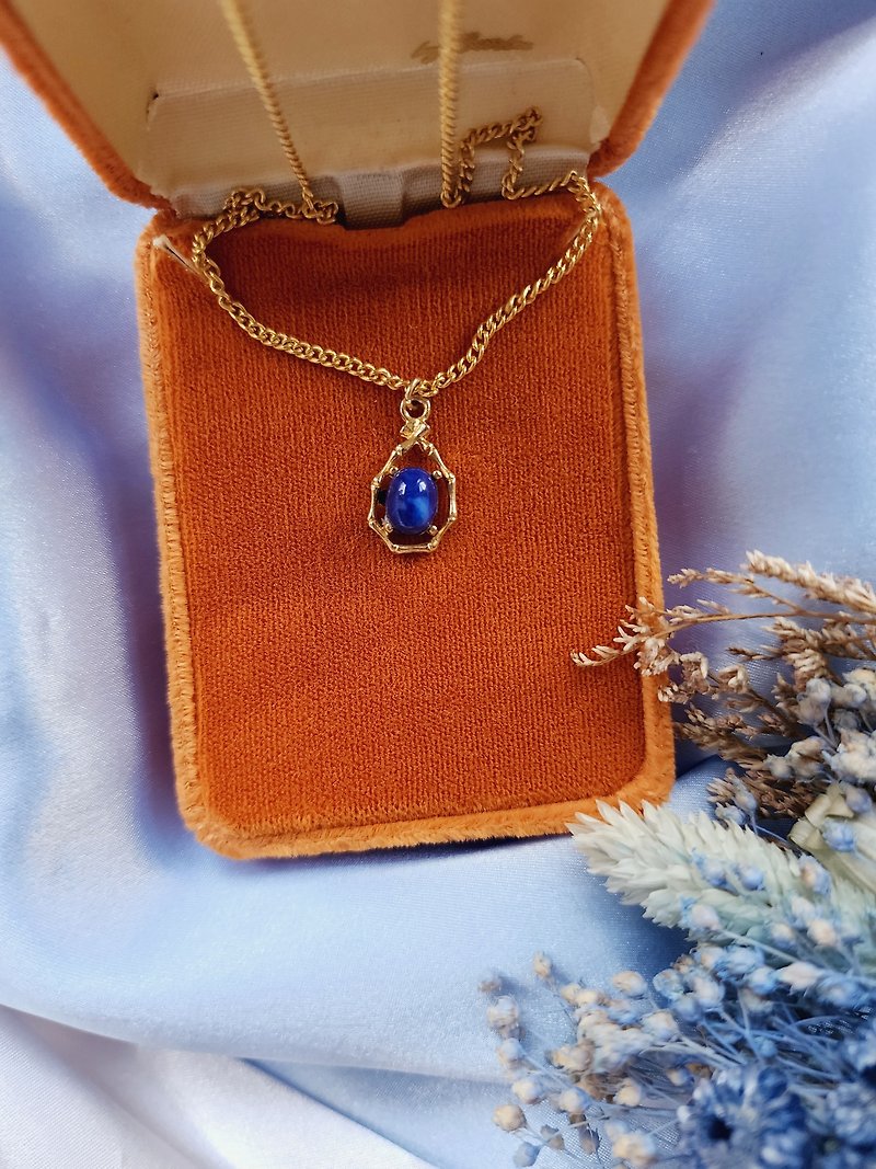 American Western Antique Jewelry/Gold Bamboo Frame Sapphire Stone Necklace/Necklace/Retro Jewelry - สร้อยคอ - โลหะ 