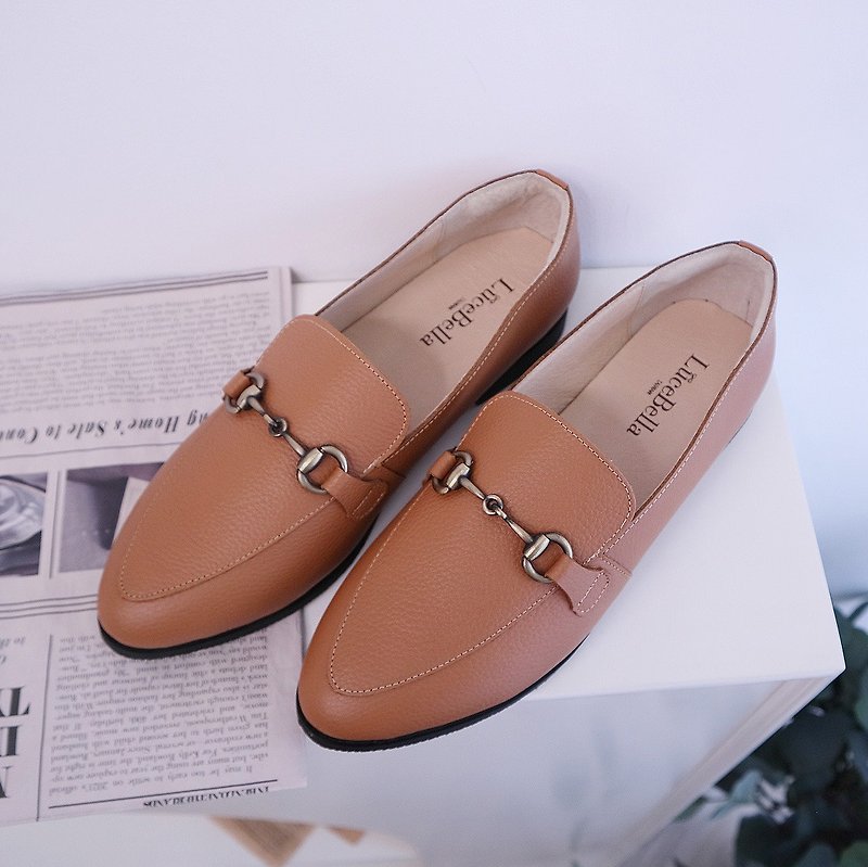 Classic [Chichi] Horsebit Pointed Toe Shoes - Temperament Brown - รองเท้าบัลเลต์ - หนังแท้ สีนำ้ตาล